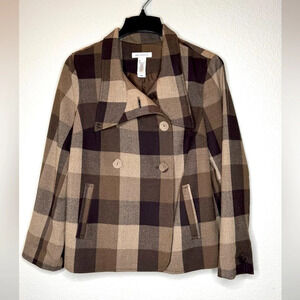 Liz Claiborne Plaid Pea Coat Double Breast Size L Academia Clueless Preppy